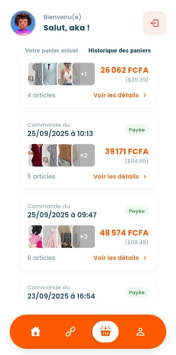 Interface OJA - Historique des commandes